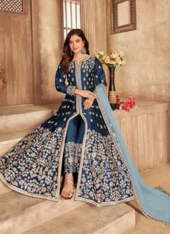 Navy Blue Soft Art Silk Mirror Embroidery Anarkali Suit Party Wear -C Bazaar Shop navy blue soft art silk mirror embroidery anarkali suit slsak29923303 u