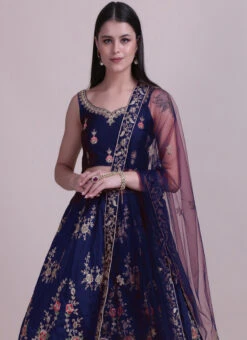Navy Blue Taffeta Silk Embroidered N Stones Umbrella Lehenga Party Wear -C Bazaar Shop navy blue taffeta silk embroidered n stones umbrella lehenga ghswe101024blue b