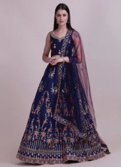 Navy Blue Taffeta Silk Embroidered N Stones Umbrella Lehenga Party Wear -C Bazaar Shop navy blue taffeta silk embroidered n stones umbrella lehenga ghswe101024blue u