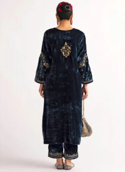 Navy Blue Velvet Embroidered Straight Pant Suit Party Wear -C Bazaar Shop navy blue velvet embroidered straight pant suit krdvc27 b