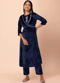 Navy Blue Velvet Kurta Semi Palazzo Set Work Wear -C Bazaar Shop navy blue velvet kurta semi palazzo set krsdmf7320ny u