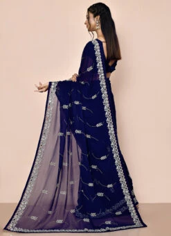Navy Faux Georgette Hand Work Sari Party Wear -C Bazaar Shop navy faux georgette hand work sari sadsf7107 b