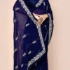 Navy Faux Georgette Hand Work Sari Party Wear