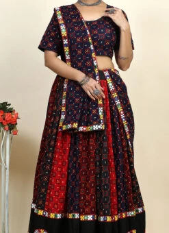Navy Blue Blended Cotton Kutch Work Printed Umbrella Lehenga Festive Wear
