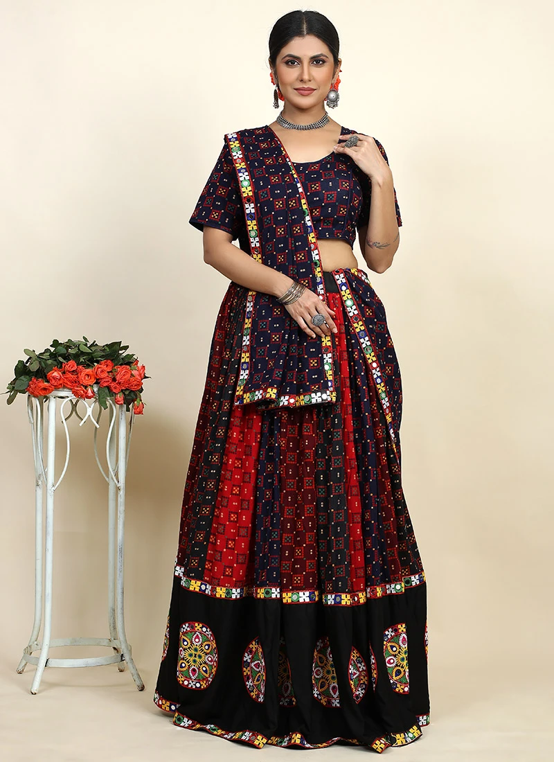 Navy Blue Blended Cotton Kutch Work Printed Umbrella Lehenga Festive Wear 3 Navy Blue Blended Cotton Kutch Work Printed Umbrella Lehenga Festive Wear - Image 3