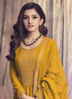 Nidhi Shah Yellow Art Silk Embroidered Anarkali Suit Party Wear -C Bazaar Shop nidhi shah yellow art silk embroidered anarkali suit slsrf26584 b