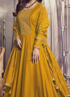 Nidhi Shah Yellow Art Silk Embroidered Anarkali Suit Party Wear