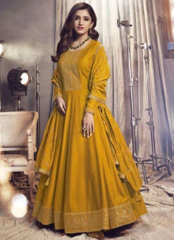 Nidhi Shah Yellow Art Silk Embroidered Anarkali Suit Party Wear -C Bazaar Shop nidhi shah yellow art silk embroidered anarkali suit slsrf26584 u