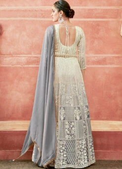 Off White And Grey Faux Georgette Embroidered Gown Party Wear -C Bazaar Shop off white and grey faux georgette embroidered gown slska47512039 b