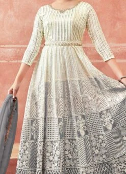 Off White And Grey Faux Georgette Embroidered Gown Party Wear
