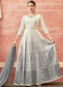 Off White And Grey Faux Georgette Embroidered Gown Party Wear -C Bazaar Shop off white and grey faux georgette embroidered gown slska47512039 u