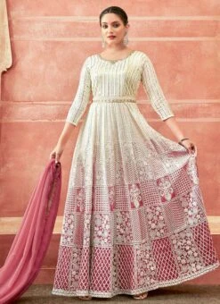 Off White And Pink Faux Georgette Embroidered Gown Party Wear -C Bazaar Shop off white and pink faux georgette embroidered gown slska47512035 u
