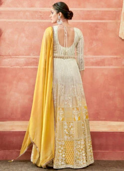 Off White And Yellow Faux Georgette Embroidered Gown Party Wear -C Bazaar Shop off white and yellow faux georgette embroidered gown slska47512036 b