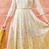 Off White And Yellow Faux Georgette Embroidered Gown Party Wear