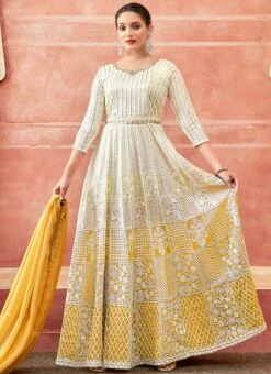 Off White And Yellow Faux Georgette Embroidered Gown Party Wear -C Bazaar Shop off white and yellow faux georgette embroidered gown slska47512036 u