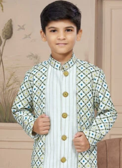 Off White Art Silk Embroidered Indowestern Sherwani For Boys Festive Wear -C Bazaar Shop off white art silk embroidered indowestern sherwani for boys kdbmsgr605 b