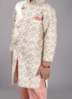 Off White Art Silk Embroidered Kids Boys Achkan Sherwani Party Wear