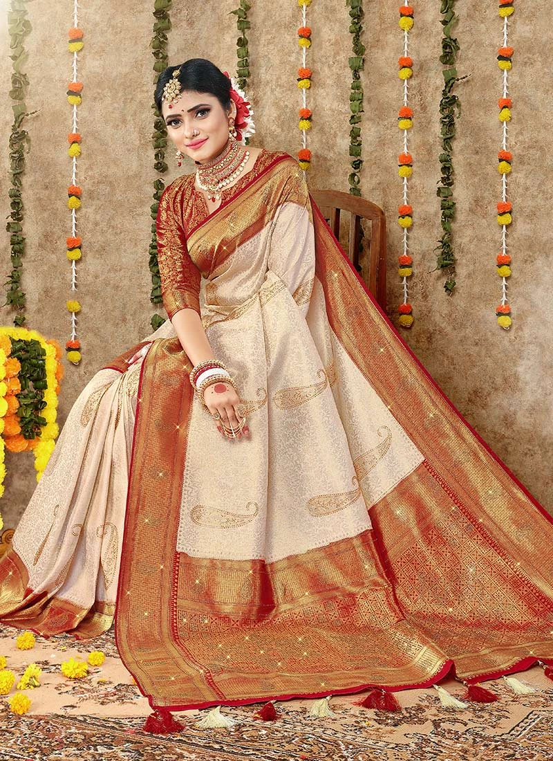 Off White Bansari Silk Weaving Work Saree Festive Wear 4 Off White Bansari Silk Weaving Work Saree Festive Wear - Image 4