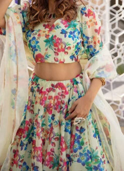 Off White Chanderi Silk Digital Print Umbrella Lehenga Party Wear