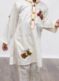 Off White Cotton Silk Printed Kurta Pyjama Party Wear