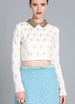 Off White Embroidered Blouse Festive Wear -C Bazaar Shop off white embroidered blouse BLBS02209594 u