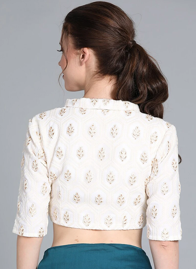 Off White Embroidered Collar Neck Blouse Festive Wear 4 Off White Embroidered Collar Neck Blouse Festive Wear - Image 4