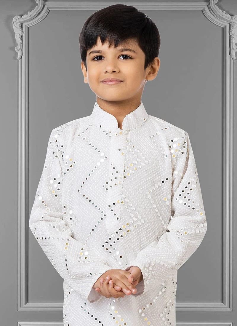 Off White Georgette Embroidered Boys Kurta Pyjama Party Wear 3 Off White Georgette Embroidered Boys Kurta Pyjama Party Wear - Image 3