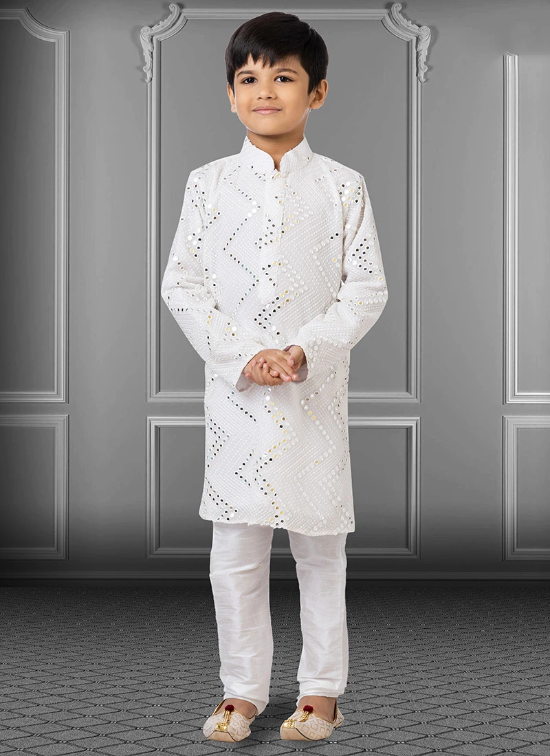 Off White Georgette Embroidered Boys Kurta Pyjama Party Wear 2 Off White Georgette Embroidered Boys Kurta Pyjama Party Wear - Image 2