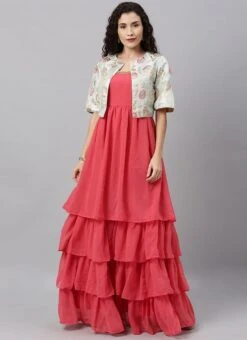 Off White Jacket Style Floor Length Gown Festive Wear -C Bazaar Shop off white jacket style floor length gown IWBS02001252 u