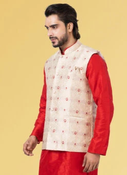 Off White Jacquard Silk Nehru Jacket -C Bazaar Shop off white jacquard silk nehru jacket jmkkvs469 b