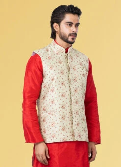 Off White Jacquard Silk Pattern Nehru Jacket -C Bazaar Shop off white jacquard silk pattern nehru jacket jmkkvs470 b