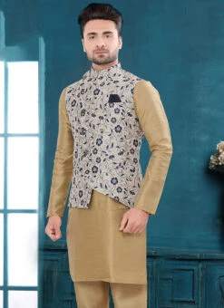 Off White Jacquard Silk Printed Nehru Jacket -C Bazaar Shop off white jacquard silk printed nehru jacket jmkmdcj517 b