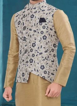 Off White Jacquard Silk Printed Nehru Jacket