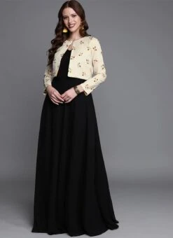 Off White N Black Embroidered Jacket Style Gown After Six Wear -C Bazaar Shop off white n black embroidered jacket style gown IWBS01910263 u