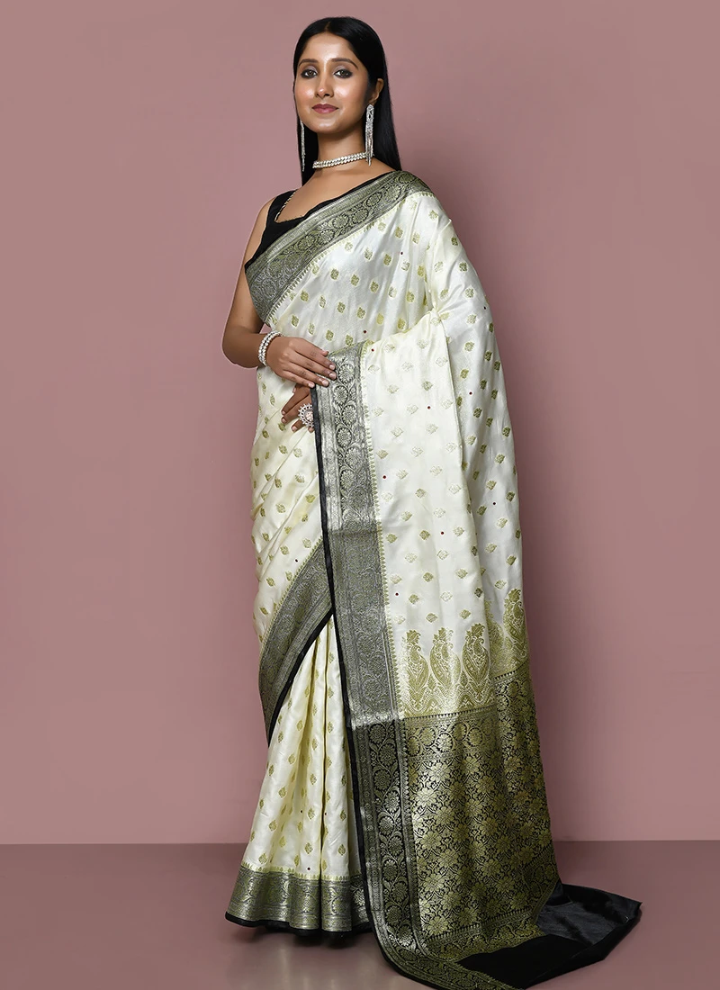 Off White N Black Zari Kanjivaram Silk Saree Festive Wear 3 Off White N Black Zari Kanjivaram Silk Saree Festive Wear - Image 3
