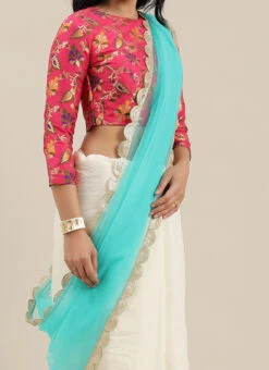 Off White N Red Embroidered Half N Half Saree Festive Wear