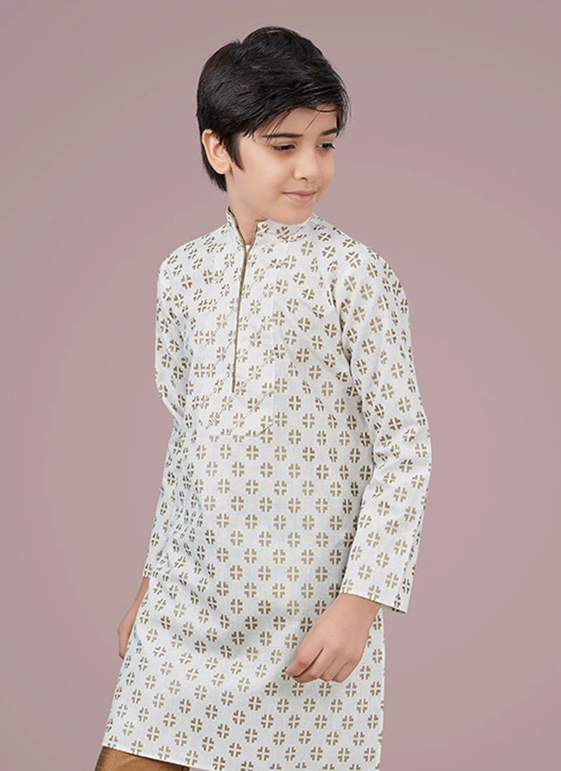 Off White Printed Cotton Silk Boys Kurta Pyjama 3 Off White Printed Cotton Silk Boys Kurta Pyjama - Image 3