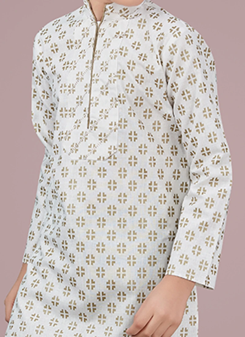 Off White Printed Cotton Silk Boys Kurta Pyjama 1 Off White Printed Cotton Silk Boys Kurta Pyjama