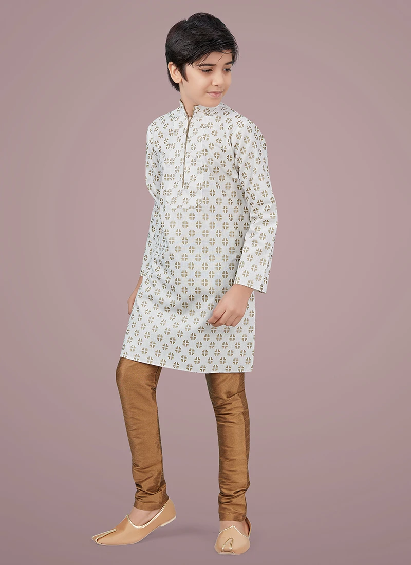 Off White Printed Cotton Silk Boys Kurta Pyjama 2 Off White Printed Cotton Silk Boys Kurta Pyjama - Image 2