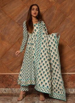 Off White Pure Cotton Printed Anarkali Suit Party Wear -C Bazaar Shop off white pure cotton printed anarkali suit sljpjrb1000 u