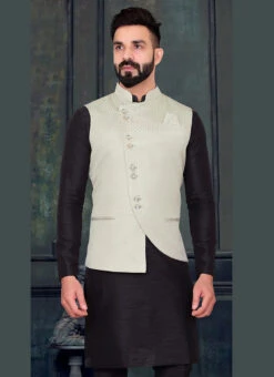 Off White Silk Jacquard Work Nehru Jacket -C Bazaar Shop off white silk jacquard work nehru jacket jmkmdc7070 b