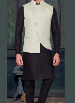 Off White Silk Jacquard Work Nehru Jacket