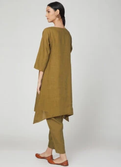 Olive Green Linen Kurta Set Work Wear 7 Olive Green Linen Kurta Set Work Wear -C Bazaar Shop olive green linen kurta set krsdvcsvts21 b