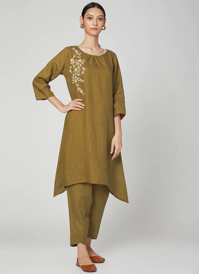 Olive Green Linen Kurta Set Work Wear 3 Olive Green Linen Kurta Set Work Wear - Image 3