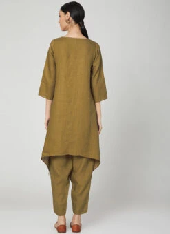 Olive Green Linen Kurta Straight Pant Set Work Wear -C Bazaar Shop olive green linen kurta straight pant set krsdvcsvts22 b
