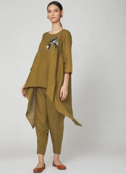 Olive Green Linen Kurta Straight Pant Set Work Wear -C Bazaar Shop olive green linen kurta straight pant set krsdvcsvts22 u