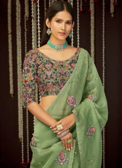 Olive Green Organza Thread N Sequins Saree Party Wear 7 Olive Green Organza Thread N Sequins Saree Party Wear -C Bazaar Shop olive green organza thread n sequins saree sasak349719006 b