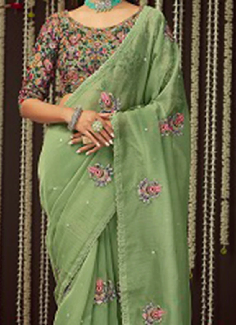 Olive Green Organza Thread N Sequins Saree Party Wear 1 Olive Green Organza Thread N Sequins Saree Party Wear