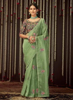Olive Green Organza Thread N Sequins Saree Party Wear 6 Olive Green Organza Thread N Sequins Saree Party Wear -C Bazaar Shop olive green organza thread n sequins saree sasak349719006 u