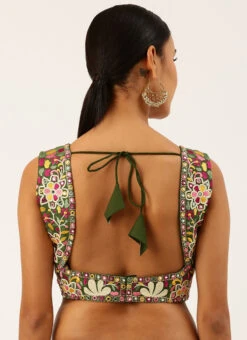 Olive Green Silk Embroidered Work Blouse Party Wear -C Bazaar Shop olive green silk embroidered work blouse blspfb134o b